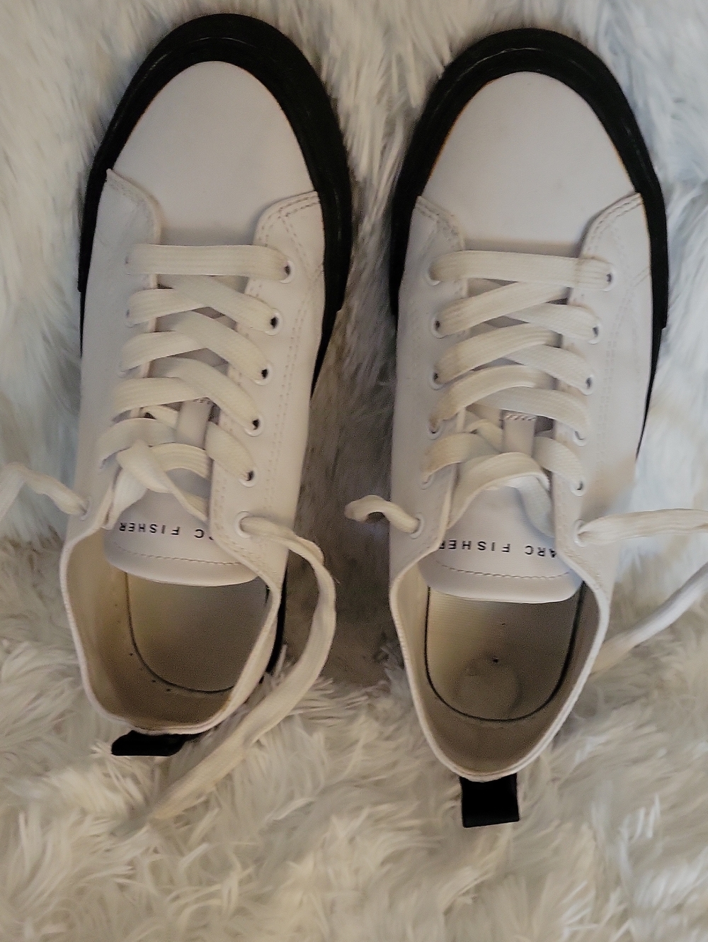 Marc Fisher White Leather Low-Top Sneakers with Black Trim